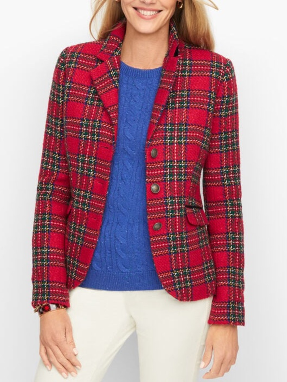 Talbots Holiday Plaid Wool Blend Blazer Red Tartan Jacket Size 12